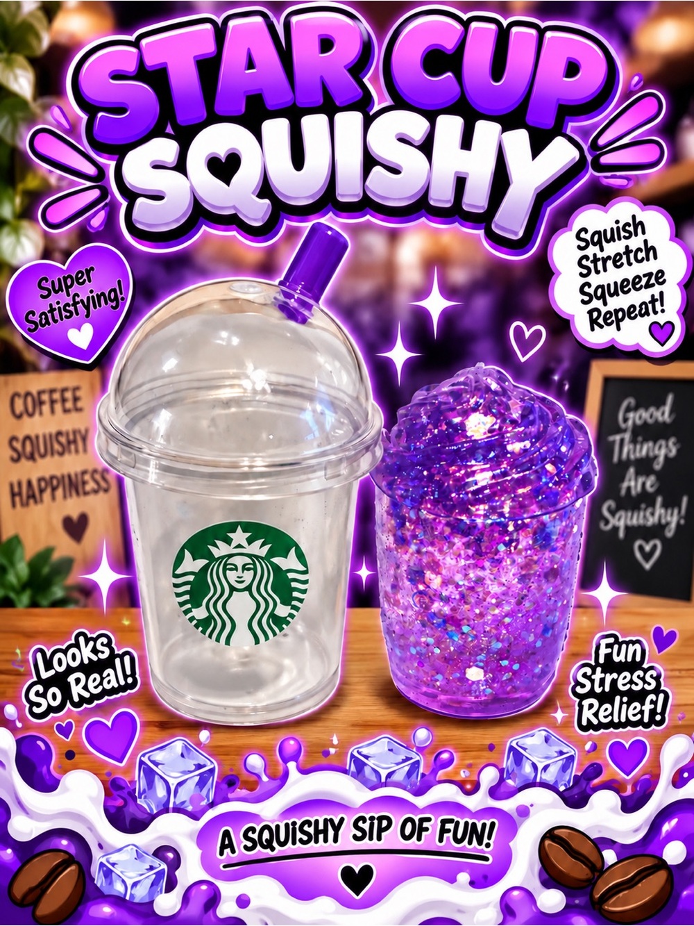 Starbucks Cup Squishy Stress Toy -Purple Glitter